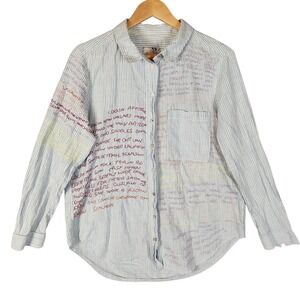 Pilcro Button Down Shirt Women's Large Blue Stripe Embroidered Cate Oxford Words